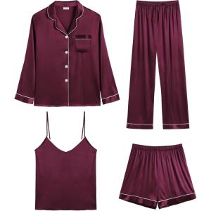 SWOMOG Womens 4pcs Pajamas Sets Silk Satin Pjs Sexy Cami Shorts Set Button Down Long Short Sleeve Sleepwear Loungewear(Deep Wine Red)