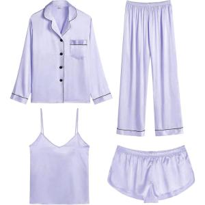 SWOMOG Womens 4pcs Pajamas Sets Silk Satin Pjs Sexy Cami Shorts Set Button Down Long Short Sleeve Sleepwear Loungewear(Lavender)