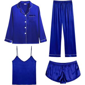 SWOMOG Womens 4pcs Pajamas Sets Silk Satin Pjs Sexy Cami Shorts Set Button Down Long Short Sleeve Sleepwear Loungewear(Light Blue)