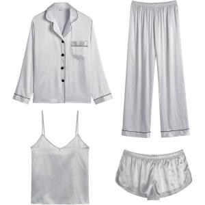 SWOMOG Womens 4pcs Pajamas Sets Silk Satin Pjs Sexy Cami Shorts Set Button Down Long Short Sleeve Sleepwear Loungewear(Light Grey)