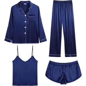SWOMOG Womens 4pcs Pajamas Sets Silk Satin Pjs Sexy Cami Shorts Set Button Down Long Short Sleeve Sleepwear Loungewear(Navy Blue)