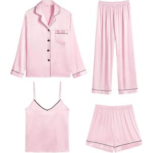 SWOMOG Womens 4pcs Pajamas Sets Silk Satin Pjs Sexy Cami Shorts Set Button Down Long Short Sleeve Sleepwear Loungewear(Pink)