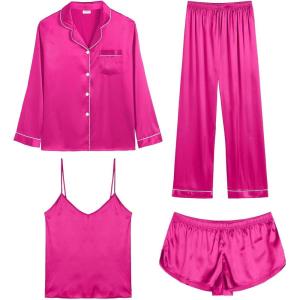 SWOMOG Womens 4pcs Pajamas Sets Silk Satin Pjs Sexy Cami Shorts Set Button Down Long Short Sleeve Sleepwear Loungewear(Rose Red)