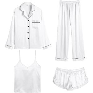 SWOMOG Womens 4pcs Pajamas Sets Silk Satin Pjs Sexy Cami Shorts Set Button Down Long Short Sleeve Sleepwear Loungewear(White)