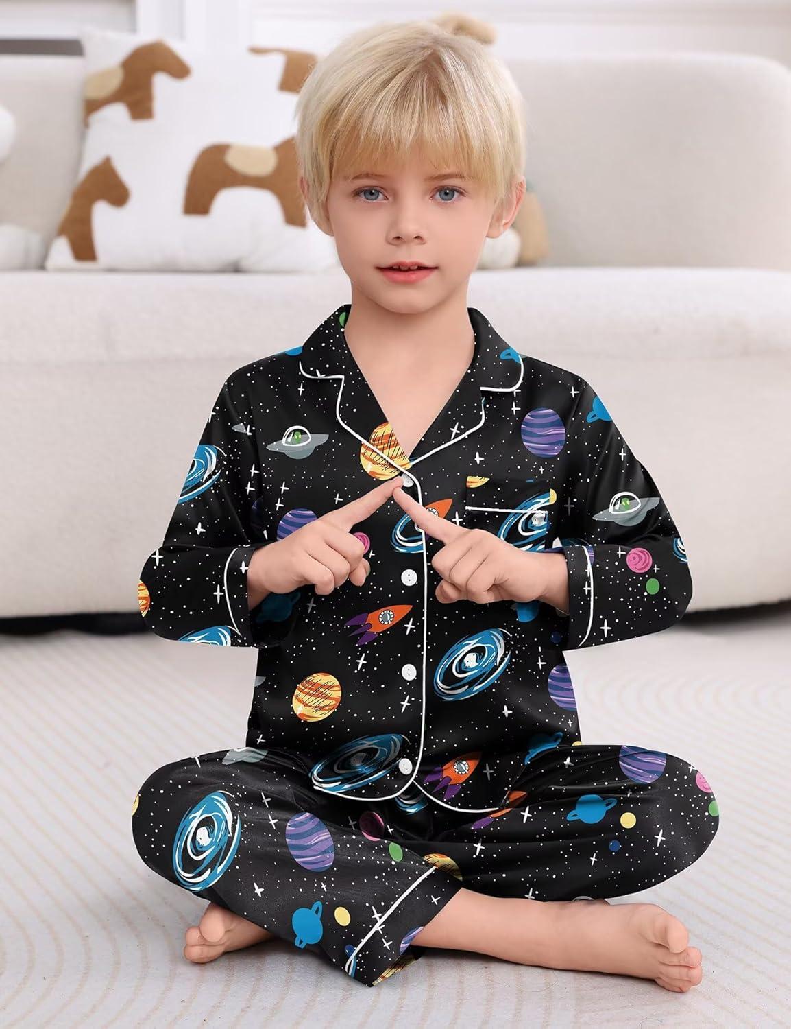 imageSWOMOG Boys Silk Pajama Button Down Cute Print Kids PJs Sets Pant 2 pcs Toddler Long Sleeve Sleepwear Lounge Sets