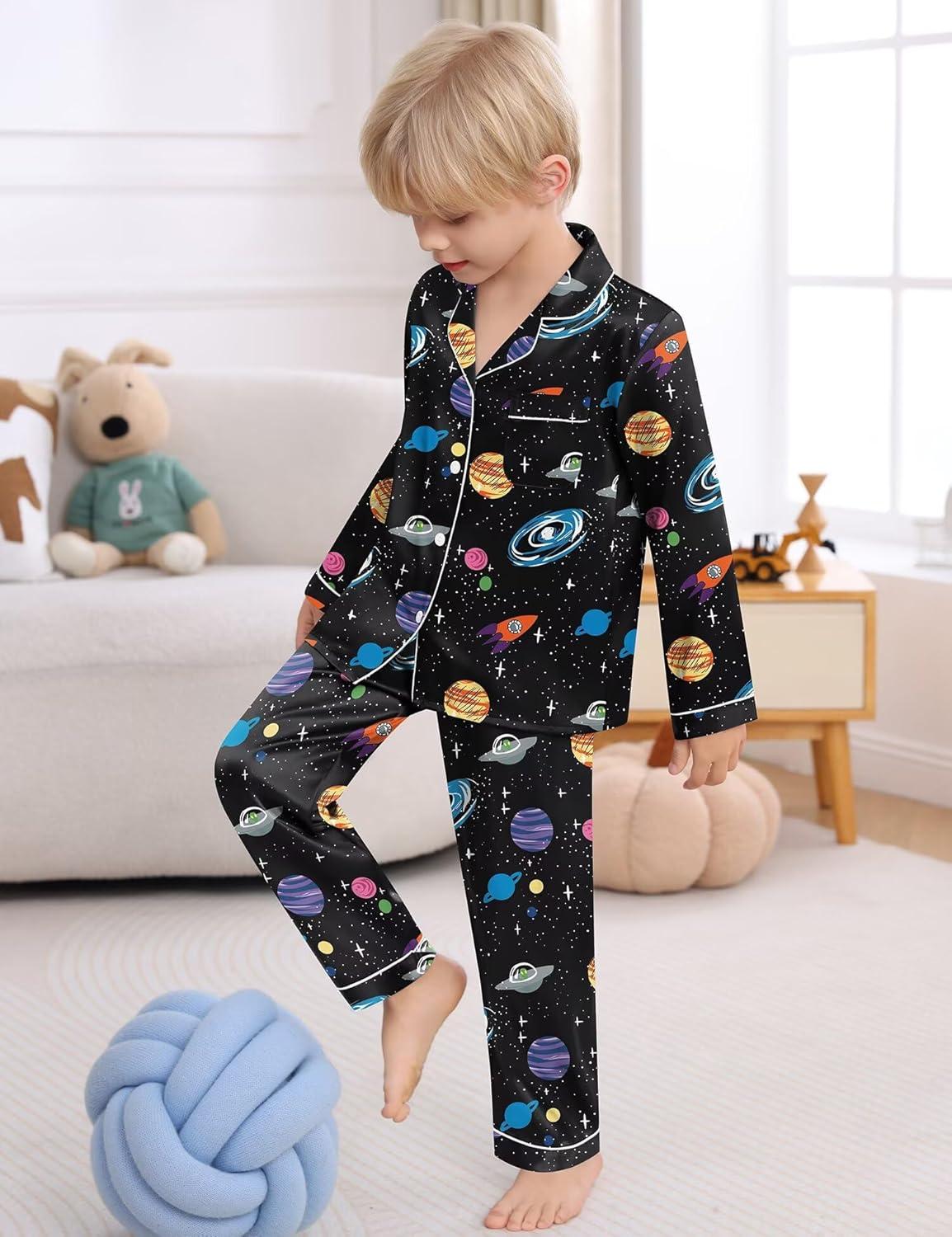 imageSWOMOG Boys Silk Pajama Button Down Cute Print Kids PJs Sets Pant 2 pcs Toddler Long Sleeve Sleepwear Lounge Sets