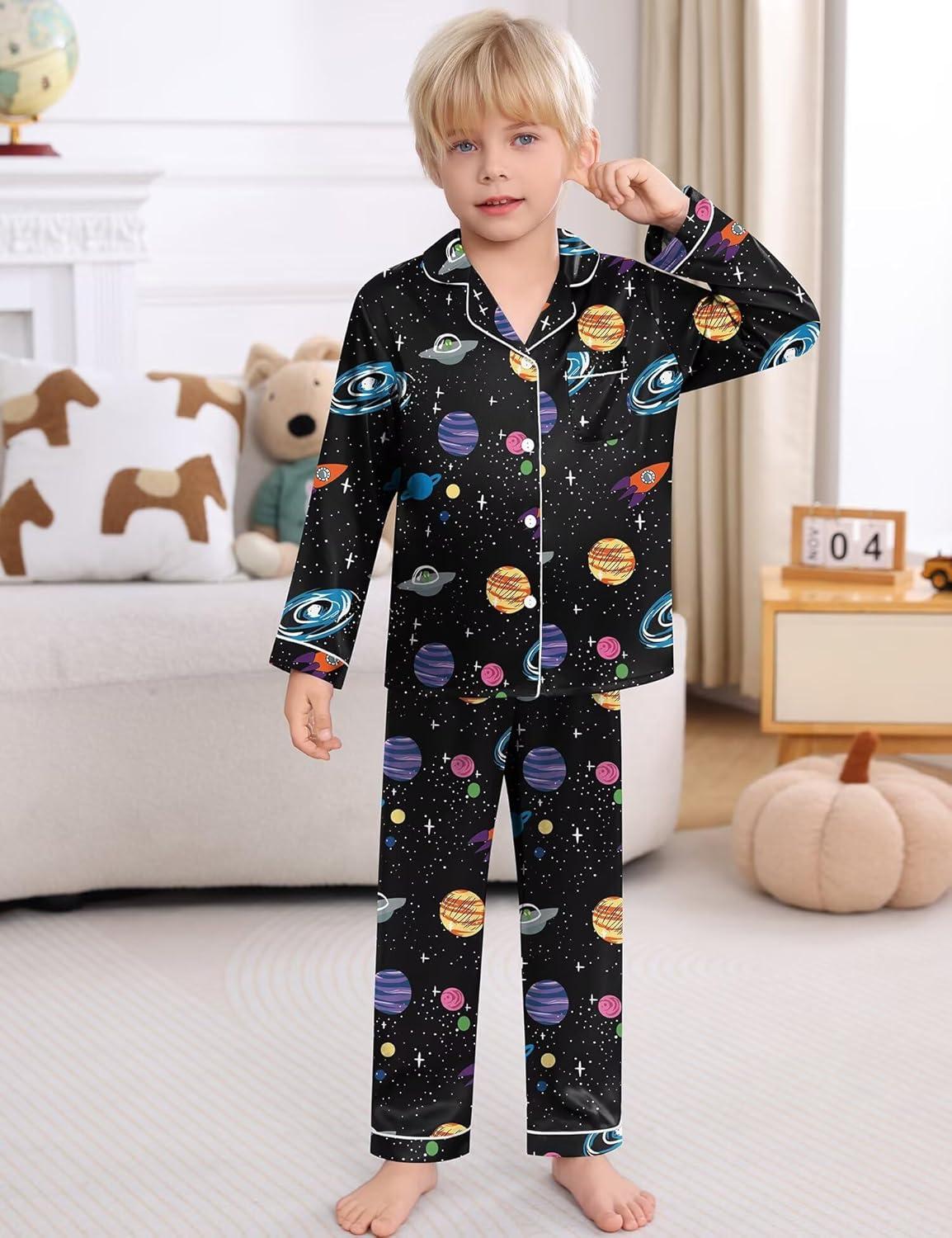 imageSWOMOG Boys Silk Pajama Button Down Cute Print Kids PJs Sets Pant 2 pcs Toddler Long Sleeve Sleepwear Lounge Sets