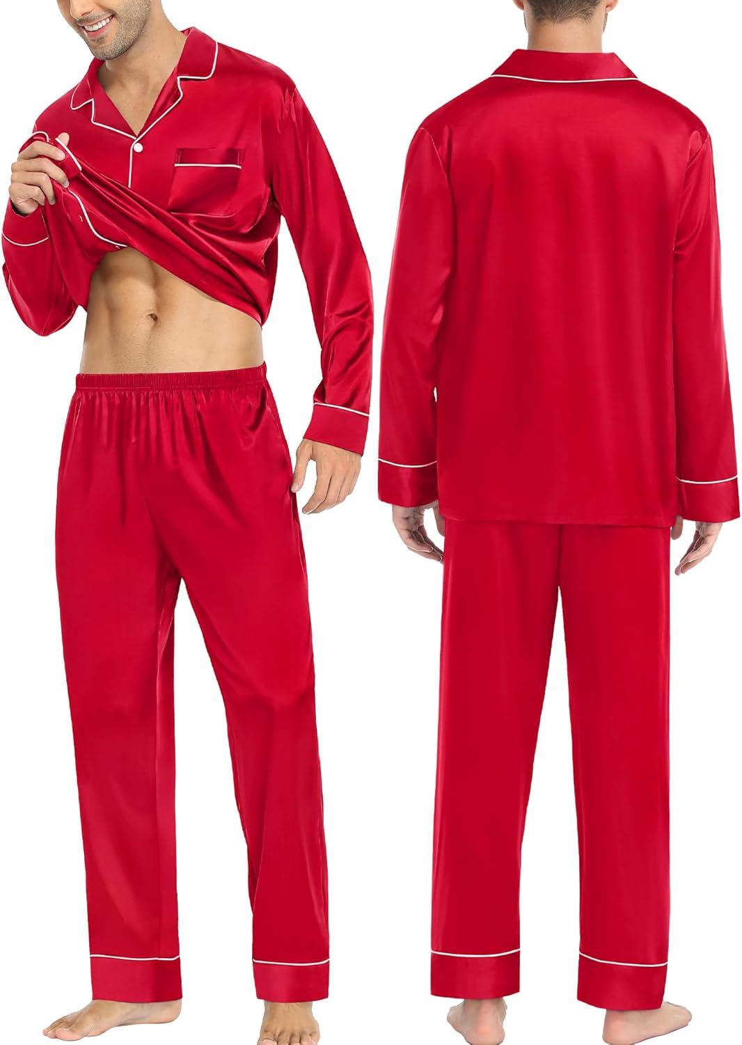 imageSWOMOG Couples Matching Pajamas Sets Women amp Men Silk Satin Long Sleeve Button Down Sleepwear 2 Pcs Classic LoungewearA Red