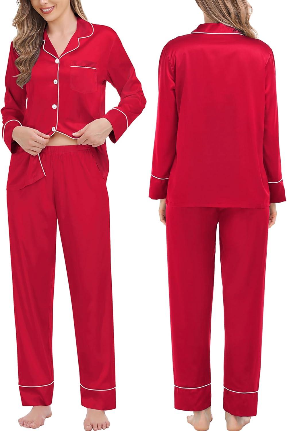 imageSWOMOG Couples Matching Pajamas Sets Women amp Men Silk Satin Long Sleeve Button Down Sleepwear 2 Pcs Classic LoungewearA Red