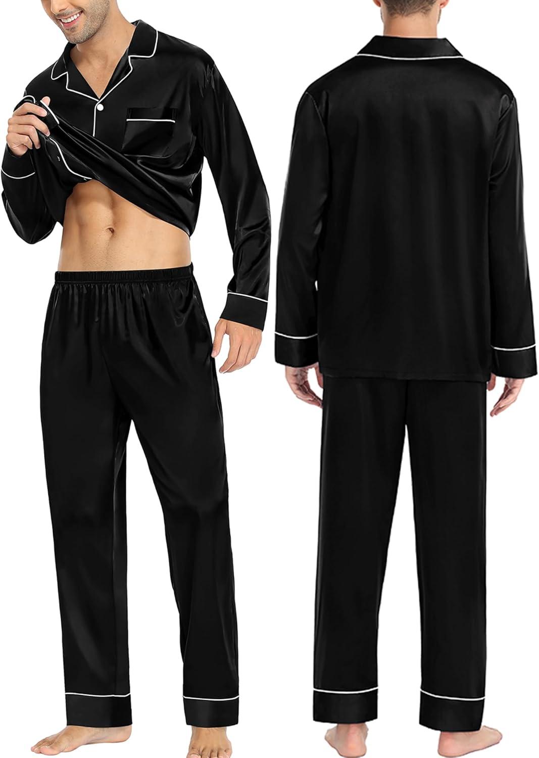 imageSWOMOG Couples Matching Pajamas Sets Women amp Men Silk Satin Long Sleeve Button Down Sleepwear 2 Pcs Classic LoungewearBlack