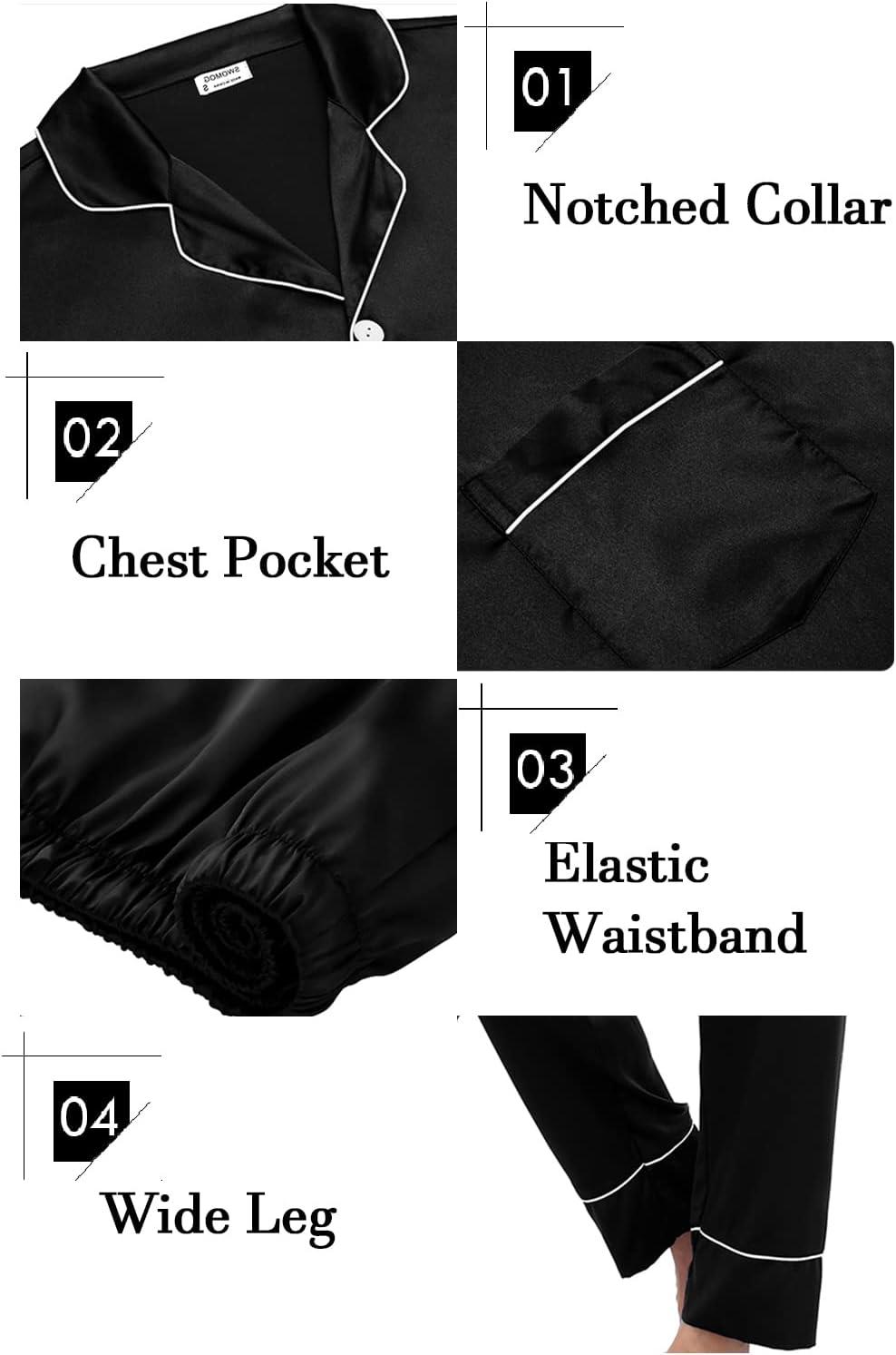 imageSWOMOG Couples Matching Pajamas Sets Women amp Men Silk Satin Long Sleeve Button Down Sleepwear 2 Pcs Classic LoungewearBlack