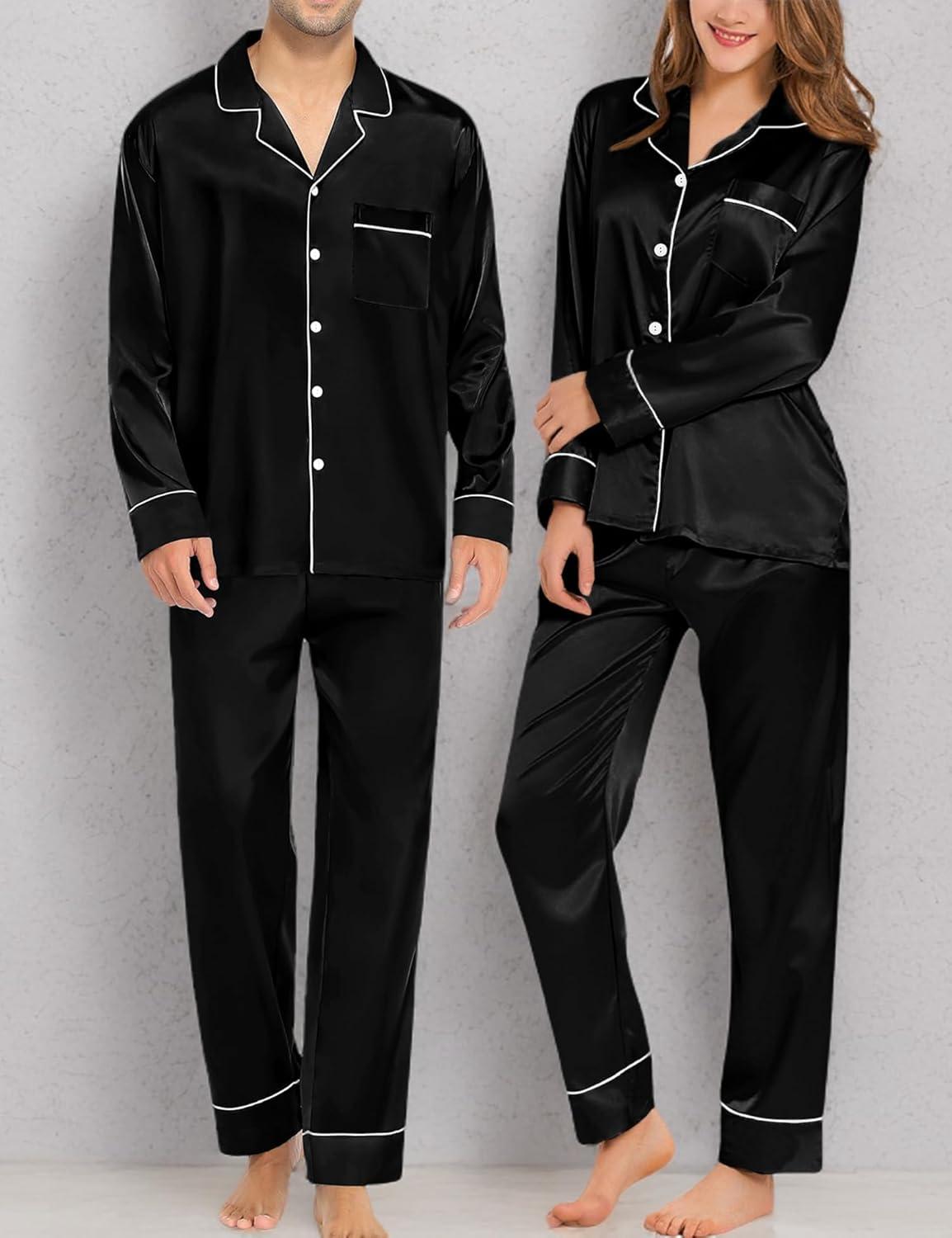 imageSWOMOG Couples Matching Pajamas Sets Women amp Men Silk Satin Long Sleeve Button Down Sleepwear 2 Pcs Classic LoungewearBlack