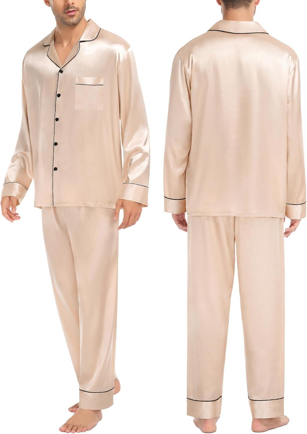 imageSWOMOG Couples Matching Pajamas Sets Women amp Men Silk Satin Long Sleeve Button Down Sleepwear 2 Pcs Classic LoungewearChampagne