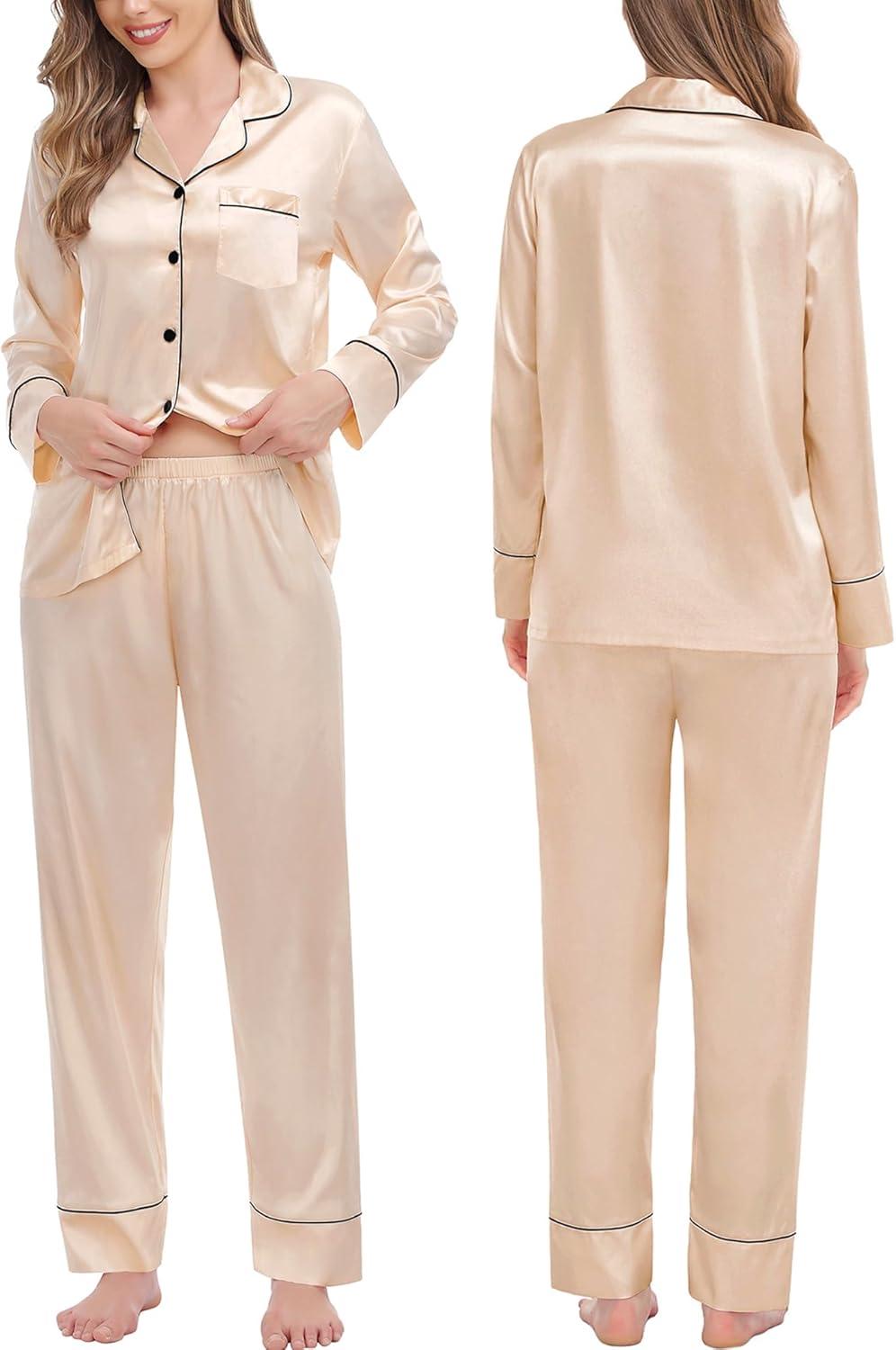 imageSWOMOG Couples Matching Pajamas Sets Women amp Men Silk Satin Long Sleeve Button Down Sleepwear 2 Pcs Classic LoungewearChampagne