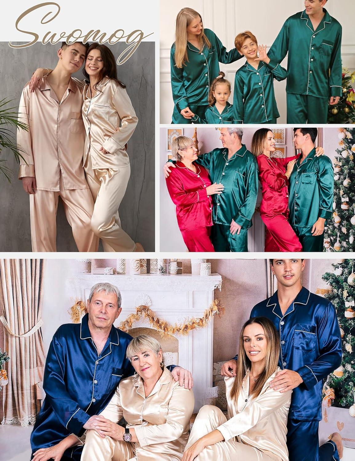 imageSWOMOG Couples Matching Pajamas Sets Women amp Men Silk Satin Long Sleeve Button Down Sleepwear 2 Pcs Classic LoungewearChampagne