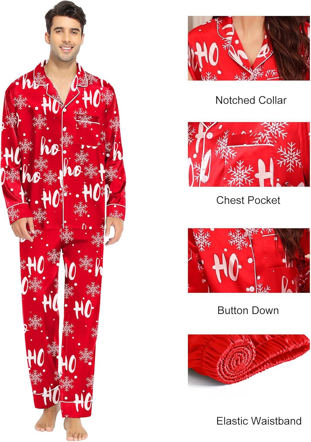 imageSWOMOG Couples Matching Pajamas Sets Women amp Men Silk Satin Long Sleeve Button Down Sleepwear 2 Pcs Classic LoungewearChristmas Red