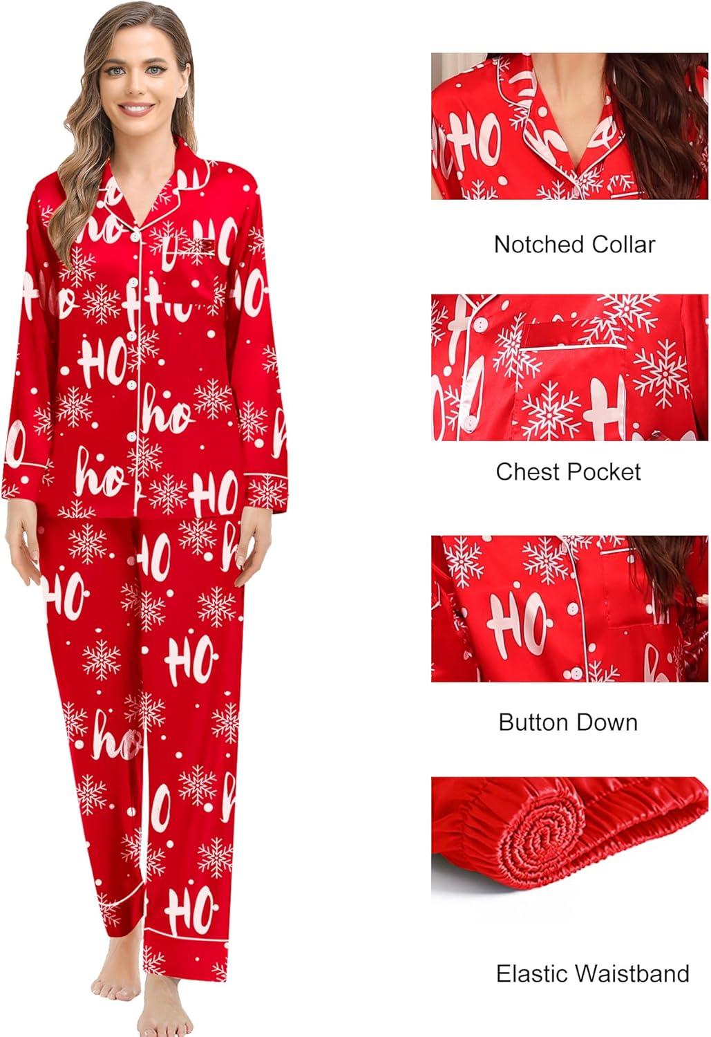 imageSWOMOG Couples Matching Pajamas Sets Women amp Men Silk Satin Long Sleeve Button Down Sleepwear 2 Pcs Classic LoungewearChristmas Red