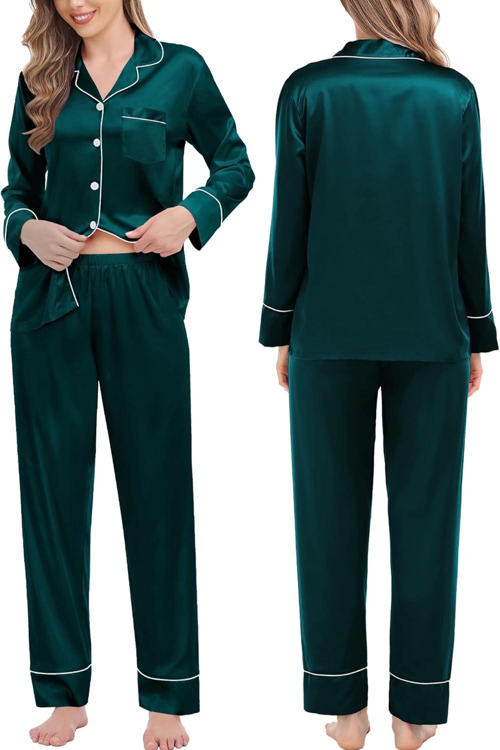 imageSWOMOG Couples Matching Pajamas Sets Women amp Men Silk Satin Long Sleeve Button Down Sleepwear 2 Pcs Classic LoungewearDeep Green
