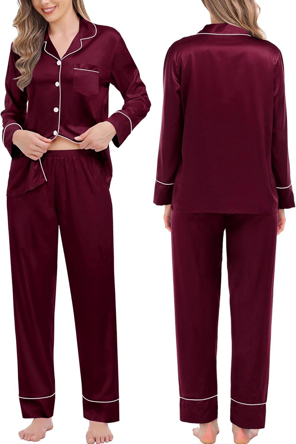 imageSWOMOG Couples Matching Pajamas Sets Women amp Men Silk Satin Long Sleeve Button Down Sleepwear 2 Pcs Classic LoungewearDeep Wine Red
