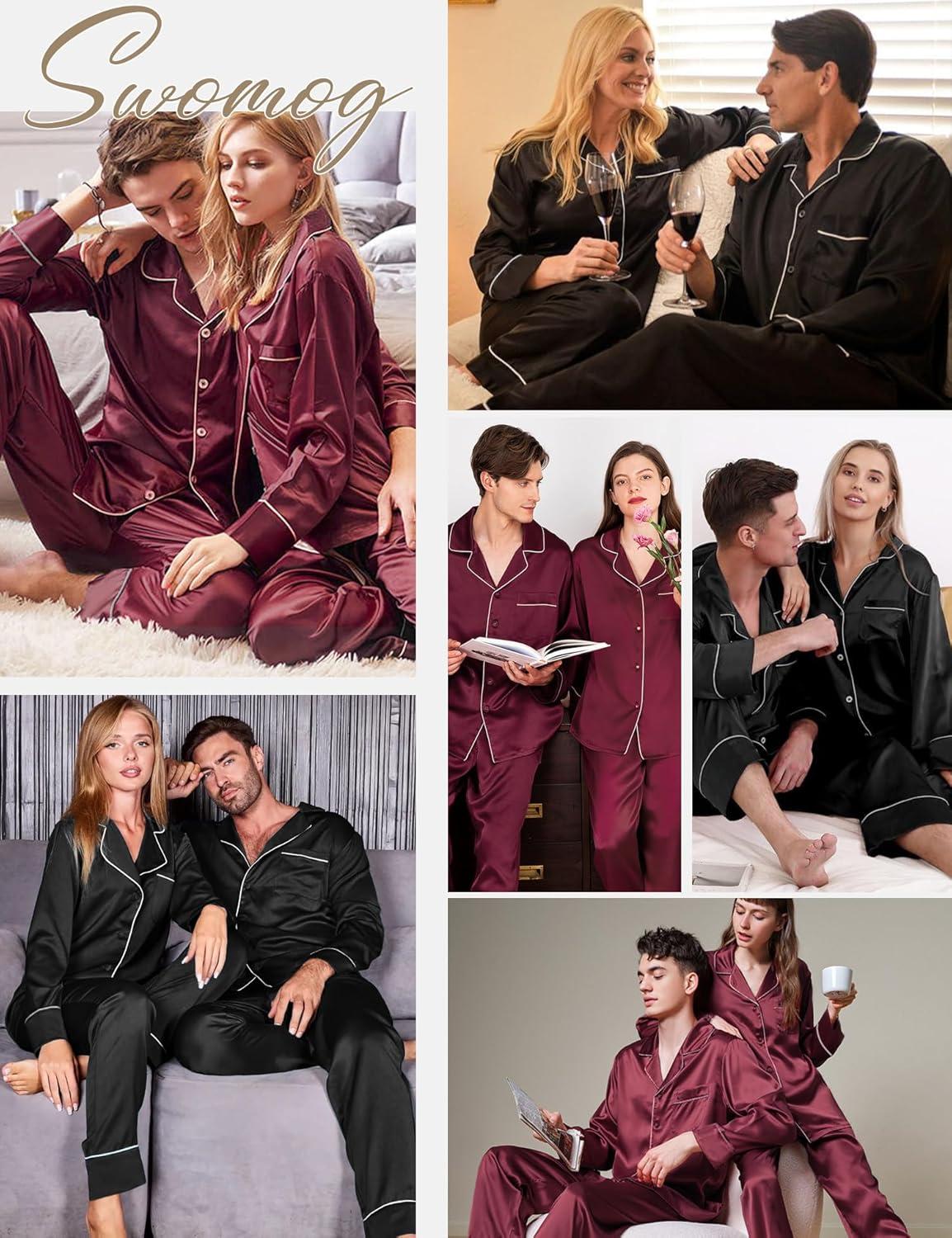 imageSWOMOG Couples Matching Pajamas Sets Women amp Men Silk Satin Long Sleeve Button Down Sleepwear 2 Pcs Classic LoungewearDeep Wine Red