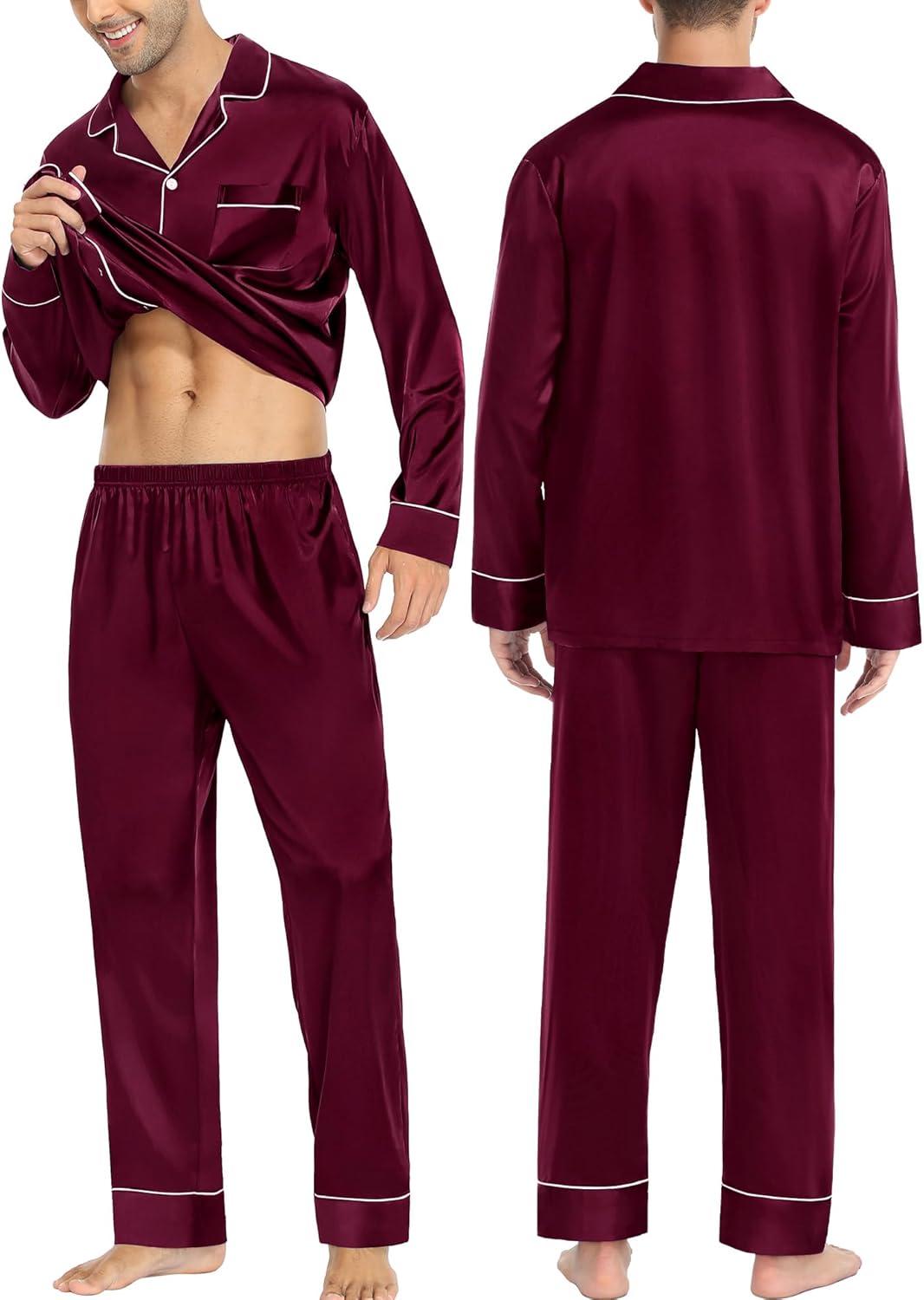 imageSWOMOG Couples Matching Pajamas Sets Women amp Men Silk Satin Long Sleeve Button Down Sleepwear 2 Pcs Classic LoungewearDeep Wine Red