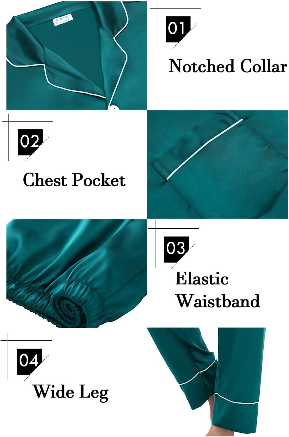 imageSWOMOG Couples Matching Pajamas Sets Women amp Men Silk Satin Long Sleeve Button Down Sleepwear 2 Pcs Classic LoungewearGreen
