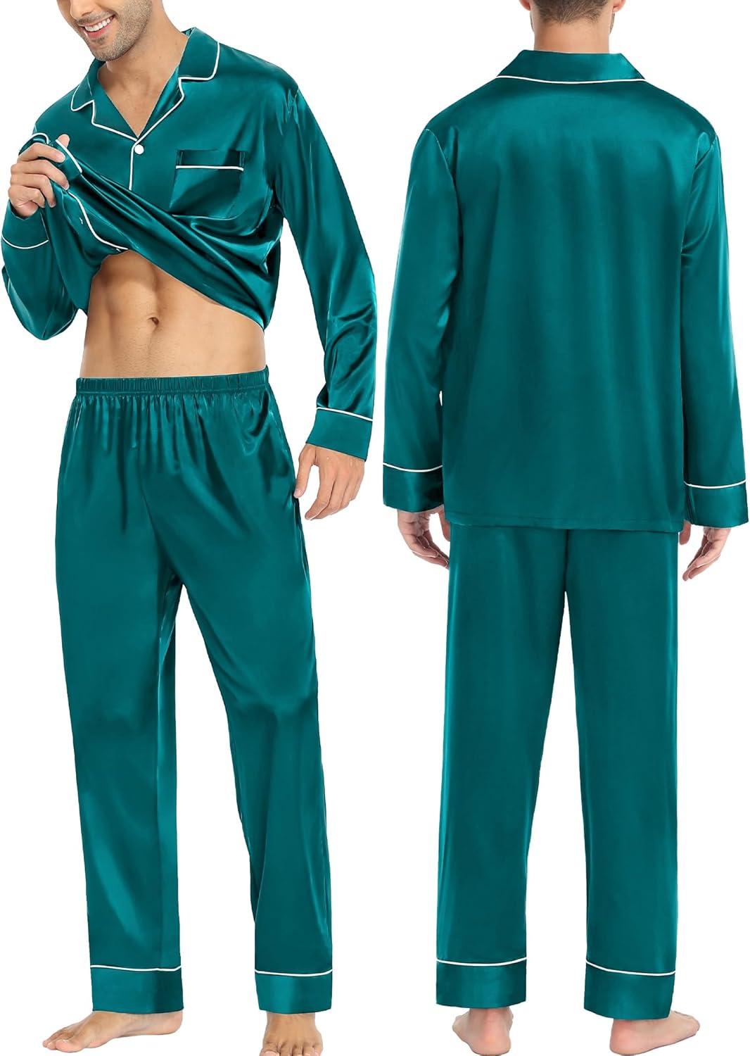 imageSWOMOG Couples Matching Pajamas Sets Women amp Men Silk Satin Long Sleeve Button Down Sleepwear 2 Pcs Classic LoungewearGreen