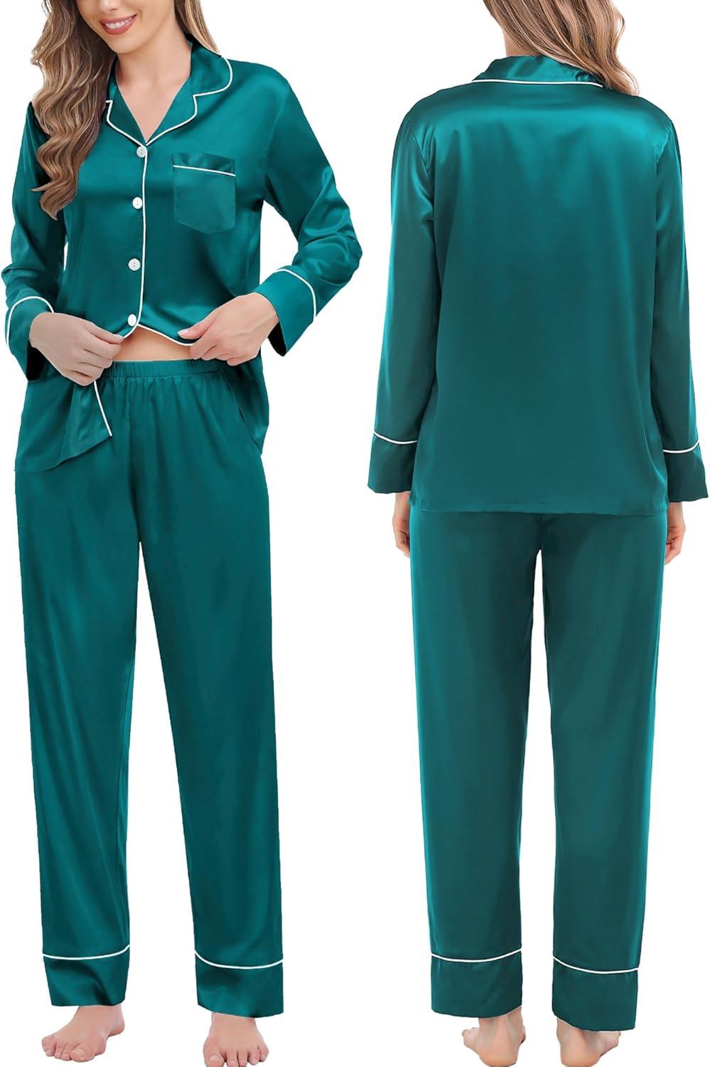 imageSWOMOG Couples Matching Pajamas Sets Women amp Men Silk Satin Long Sleeve Button Down Sleepwear 2 Pcs Classic LoungewearGreen