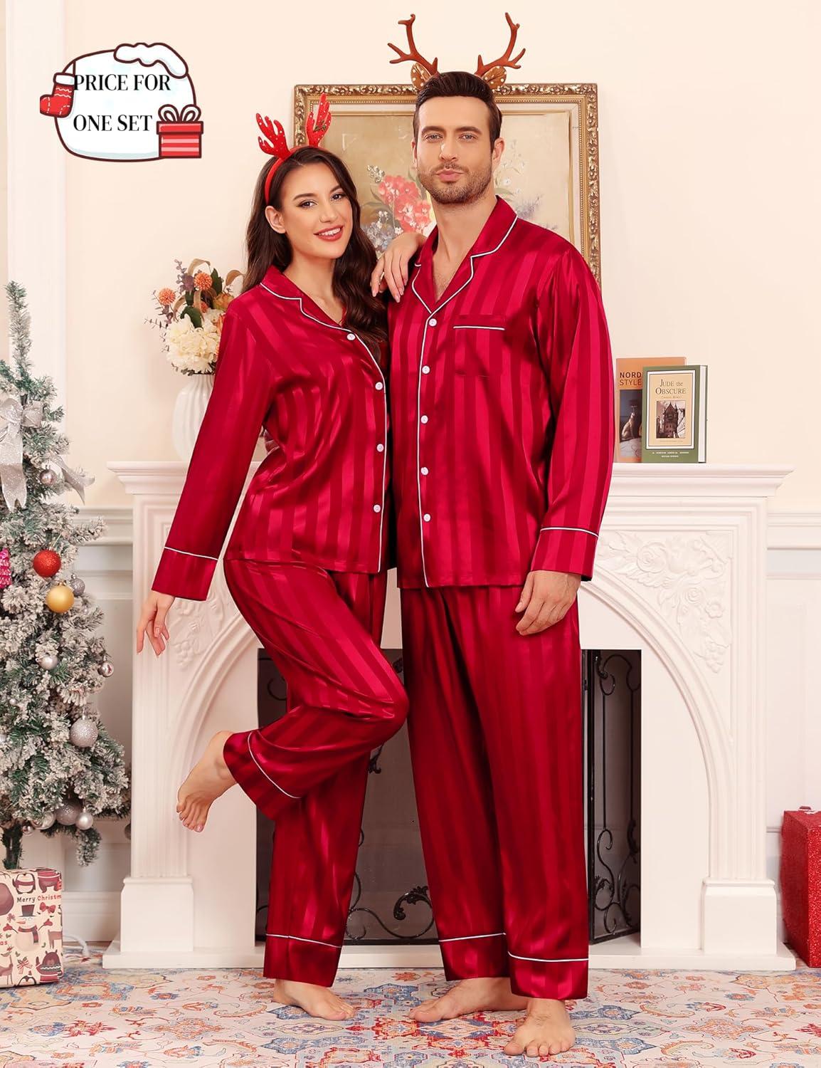 imageSWOMOG Couples Matching Pajamas Sets Women amp Men Silk Satin Long Sleeve Button Down Sleepwear 2 Pcs Classic LoungewearRed Stripe