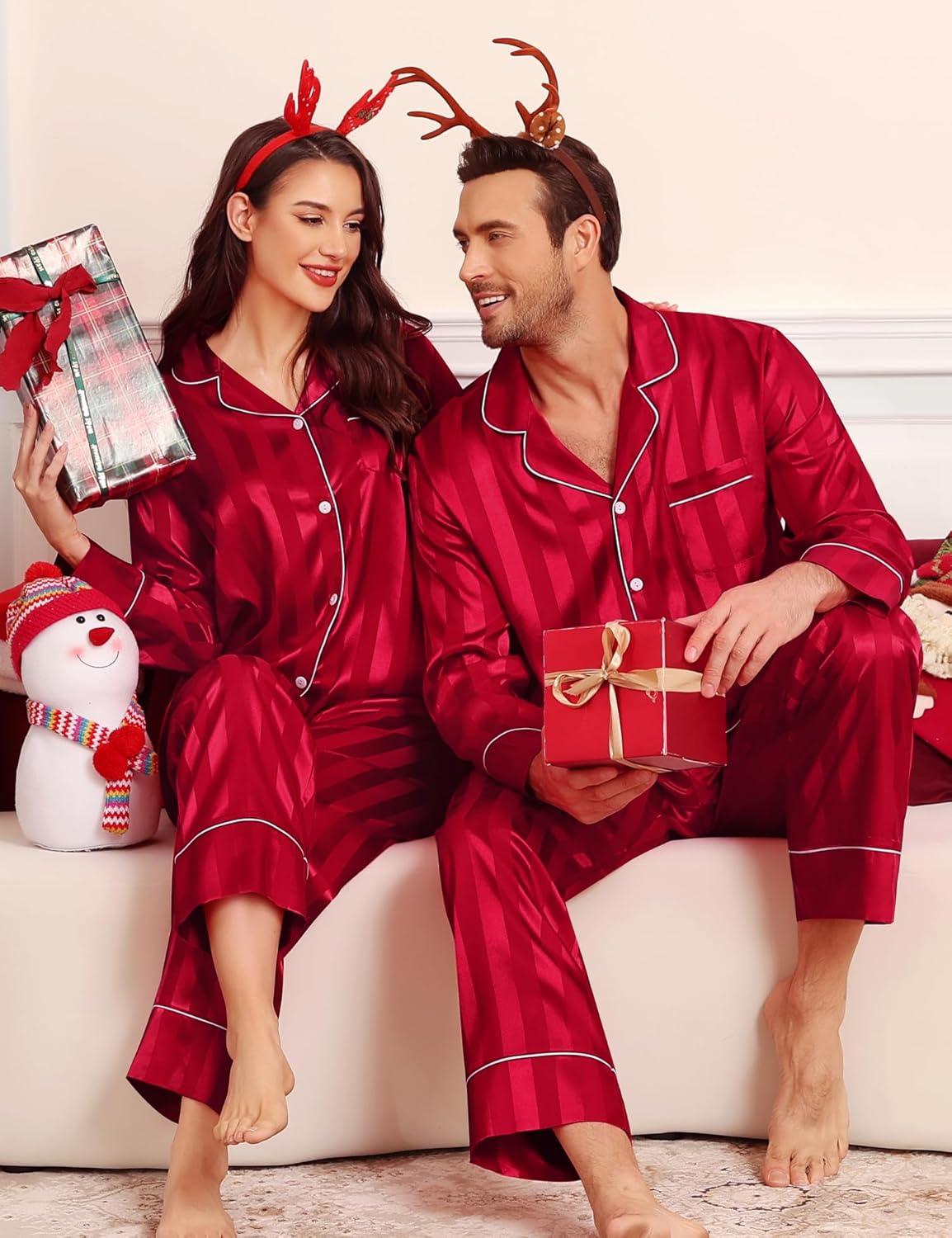 imageSWOMOG Couples Matching Pajamas Sets Women amp Men Silk Satin Long Sleeve Button Down Sleepwear 2 Pcs Classic LoungewearRed Stripe