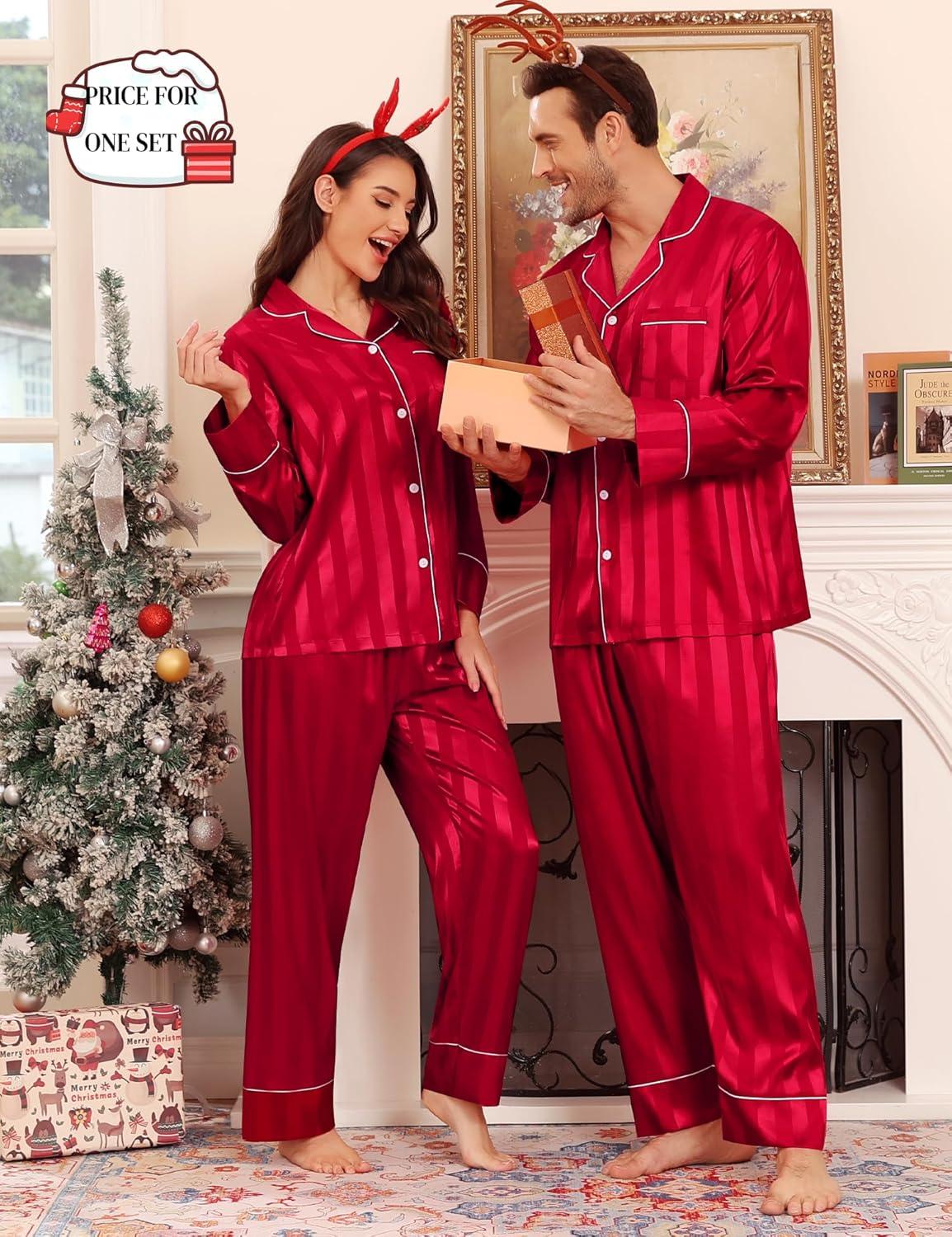 imageSWOMOG Couples Matching Pajamas Sets Women amp Men Silk Satin Long Sleeve Button Down Sleepwear 2 Pcs Classic LoungewearRed Stripe