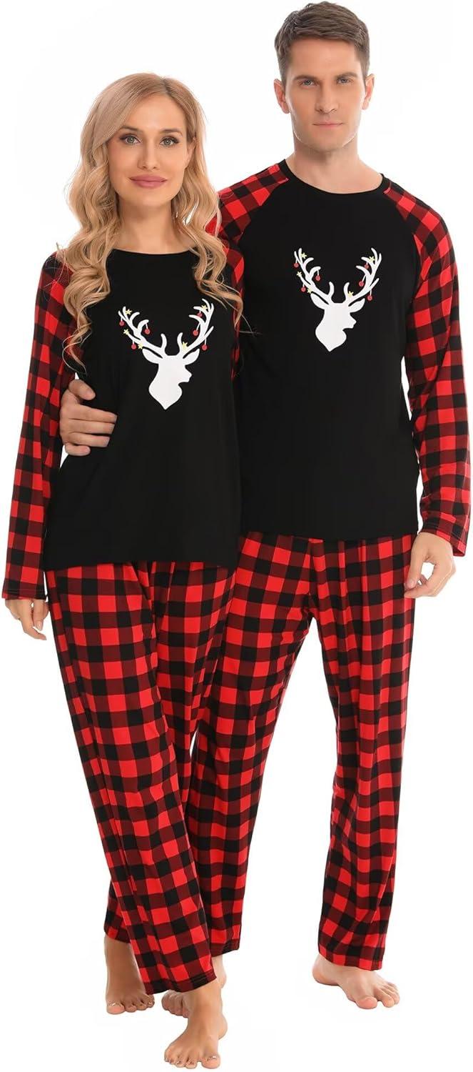 imageSWOMOG Family Matching Christmas Pajamas Sets MenWomen Plaid Pants Loungewear and Printed Long Sleeve PjsAchristmas Classical Deers