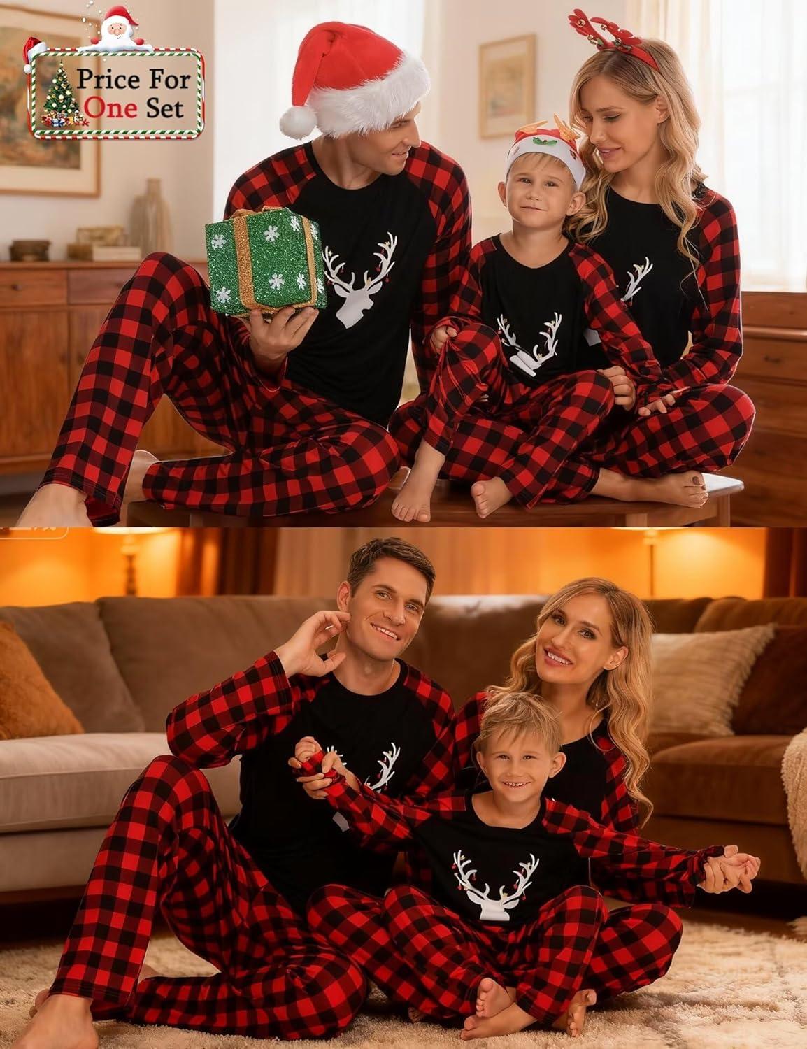 imageSWOMOG Family Matching Christmas Pajamas Sets MenWomen Plaid Pants Loungewear and Printed Long Sleeve PjsAchristmas Classical Deers