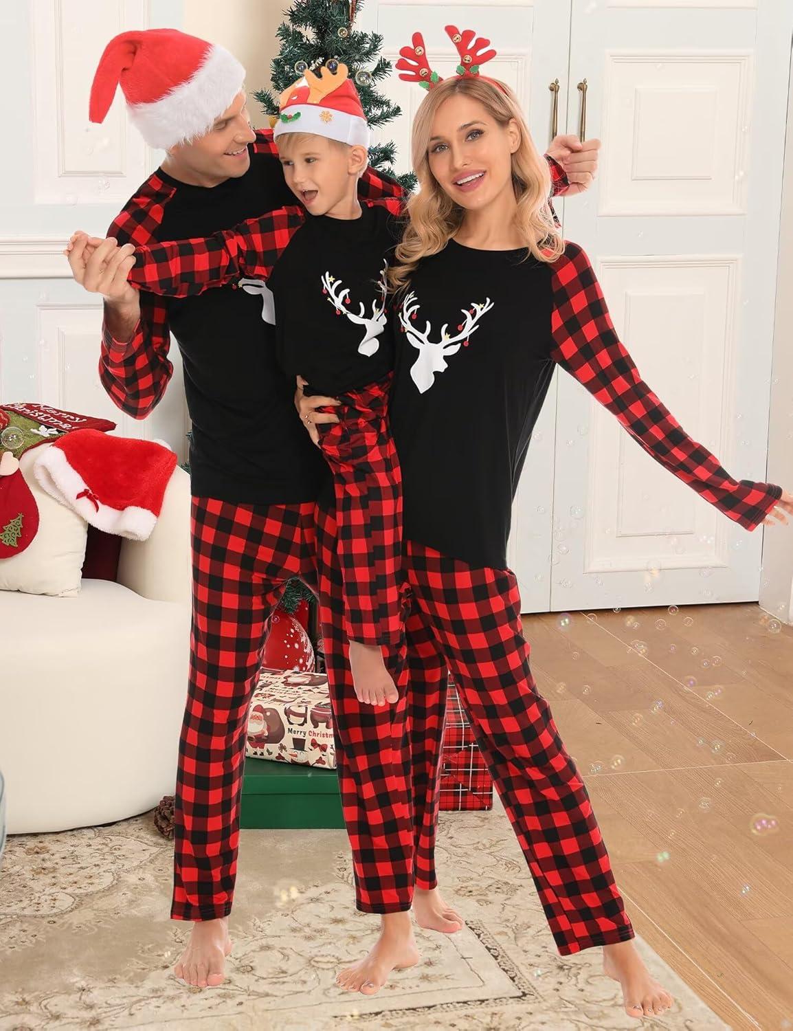 imageSWOMOG Family Matching Christmas Pajamas Sets MenWomen Plaid Pants Loungewear and Printed Long Sleeve PjsAchristmas Classical Deers