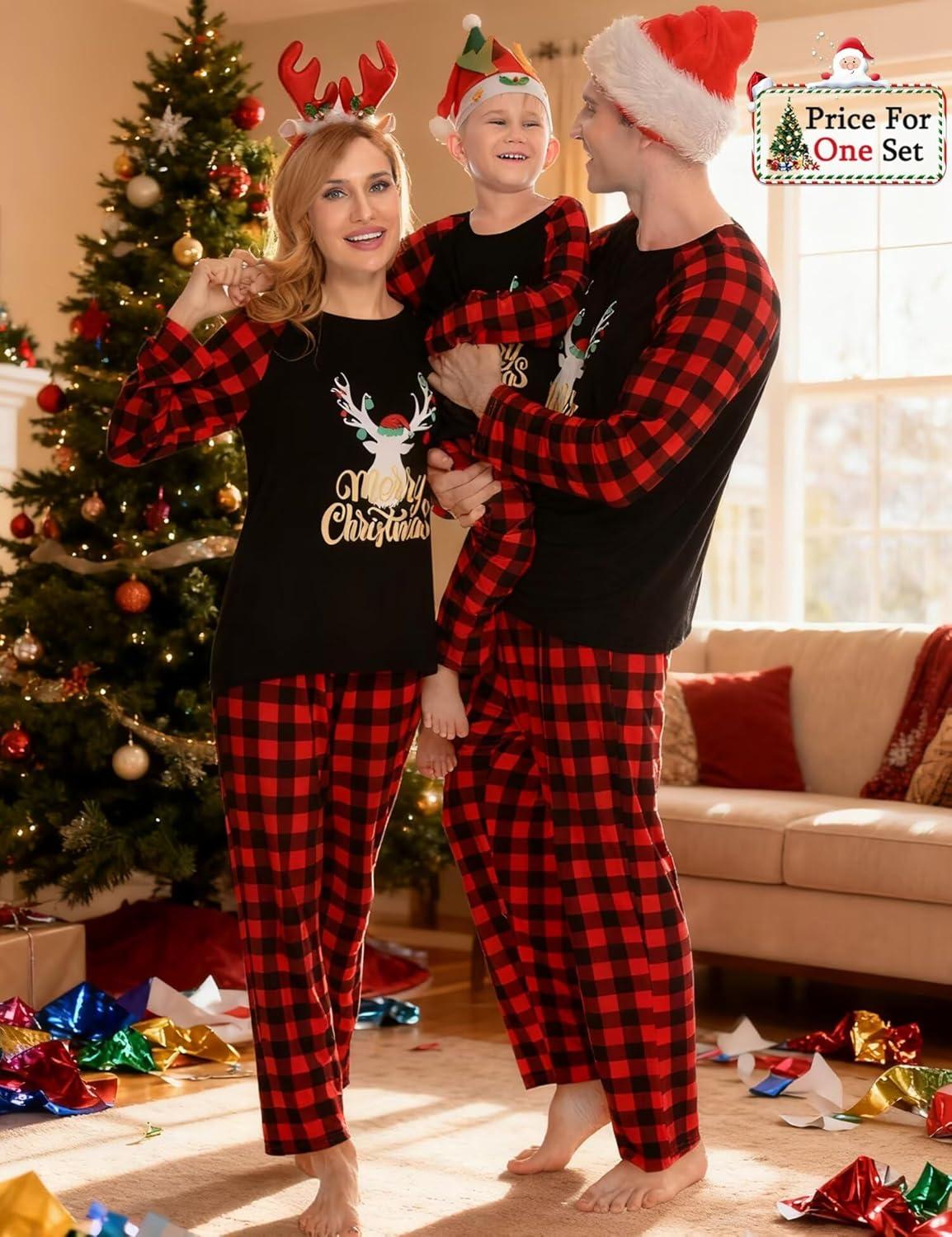 imageSWOMOG Family Matching Christmas Pajamas Sets MenWomen Plaid Pants Loungewear and Printed Long Sleeve PjsAgold Letter Deer