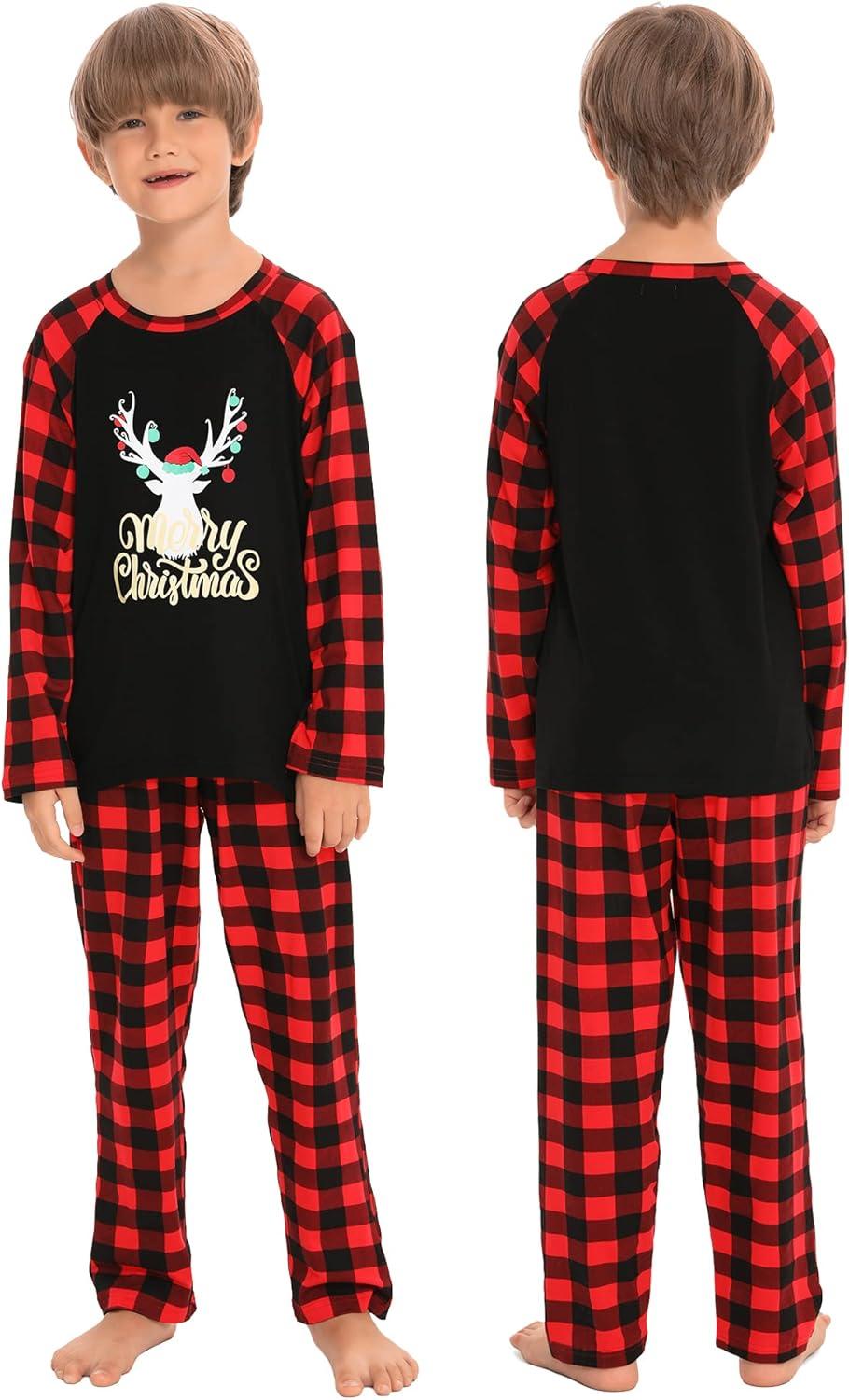 imageSWOMOG Family Matching Christmas Pajamas Sets MenWomen Plaid Pants Loungewear and Printed Long Sleeve PjsAgold Letter Deer