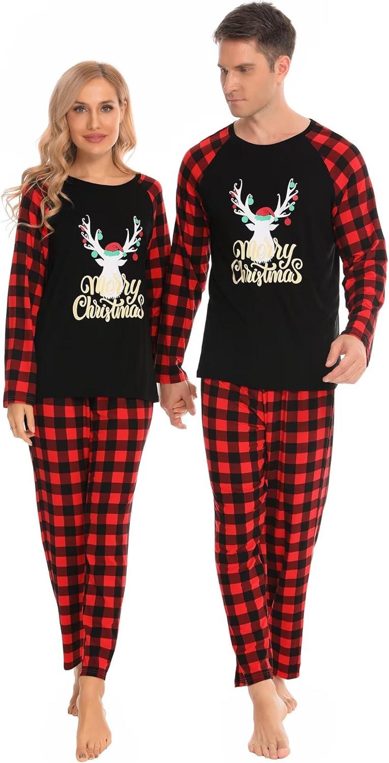 imageSWOMOG Family Matching Christmas Pajamas Sets MenWomen Plaid Pants Loungewear and Printed Long Sleeve PjsAgold Letter Deer