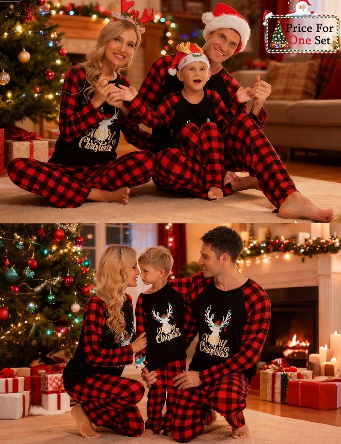 imageSWOMOG Family Matching Christmas Pajamas Sets MenWomen Plaid Pants Loungewear and Printed Long Sleeve PjsAgold Letter Deer