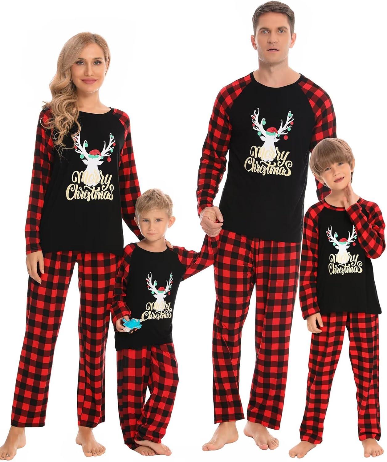 imageSWOMOG Family Matching Christmas Pajamas Sets MenWomen Plaid Pants Loungewear and Printed Long Sleeve PjsAgold Letter Deer