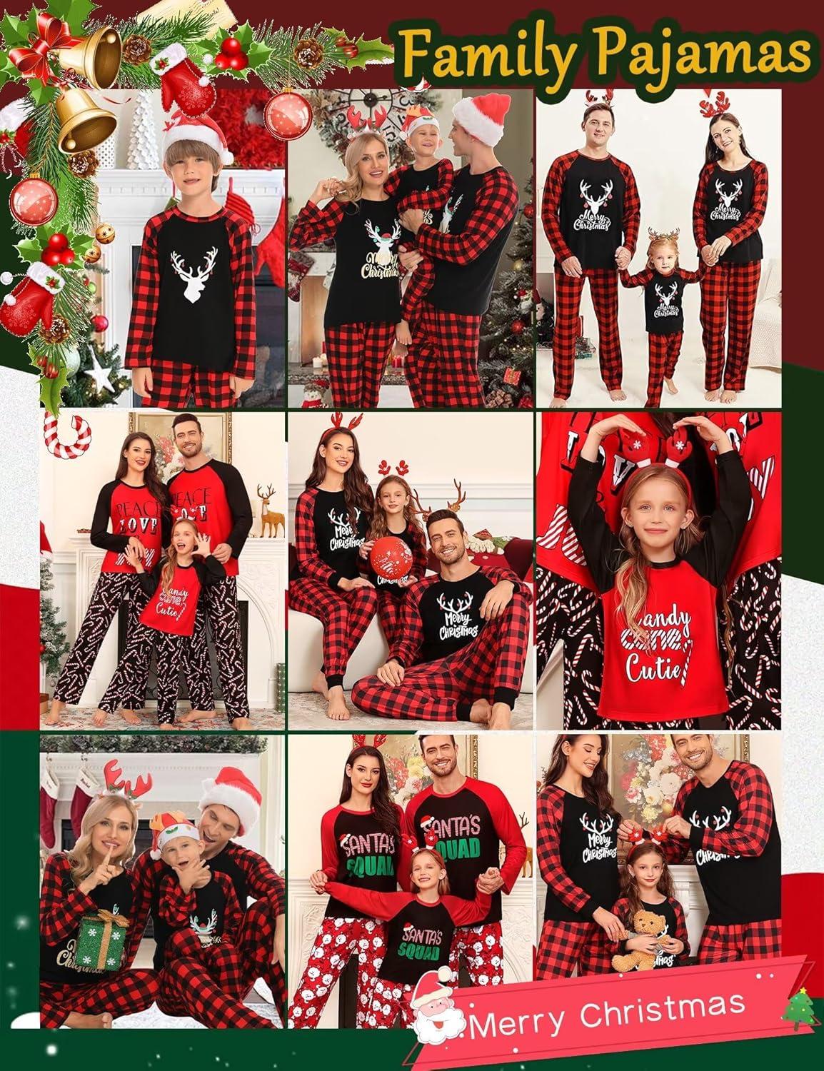 imageSWOMOG Family Matching Christmas Pajamas Sets MenWomen Plaid Pants Loungewear and Printed Long Sleeve PjsAgold Letter Deer