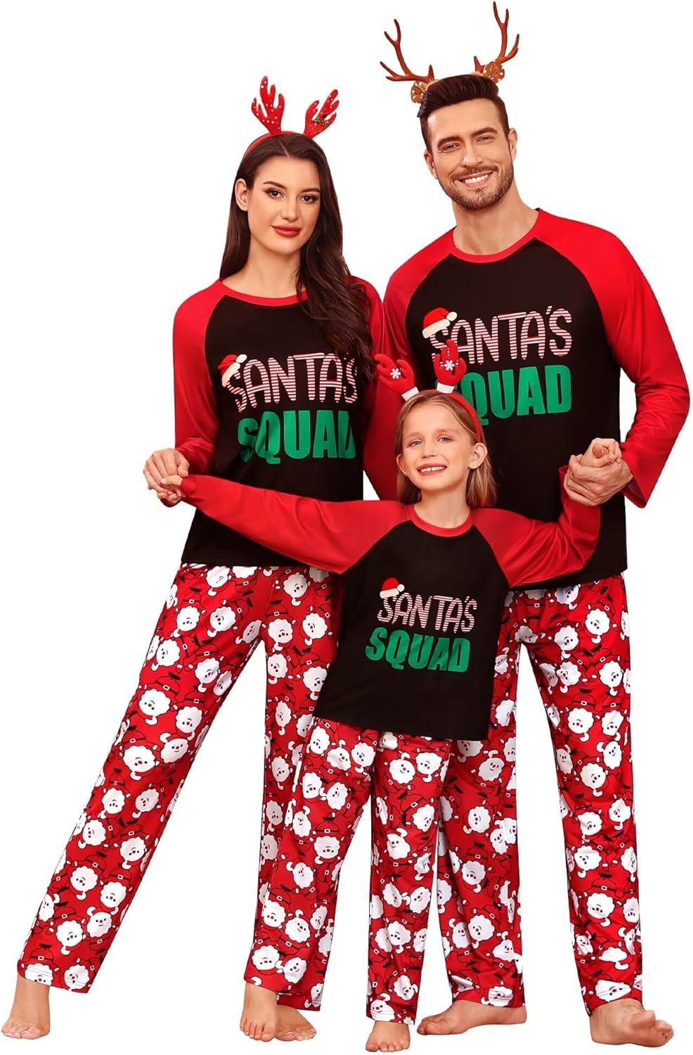 imageSWOMOG Family Matching Christmas Pajamas Sets MenWomen Plaid Pants Loungewear and Printed Long Sleeve PjsAsanta Squad