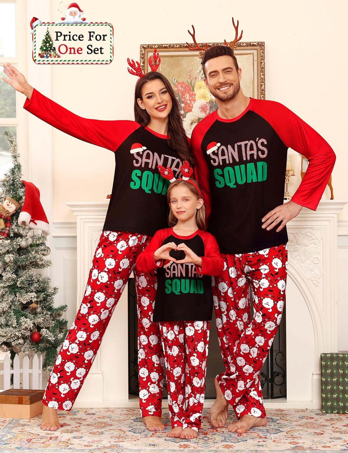 imageSWOMOG Family Matching Christmas Pajamas Sets MenWomen Plaid Pants Loungewear and Printed Long Sleeve PjsAsanta Squad