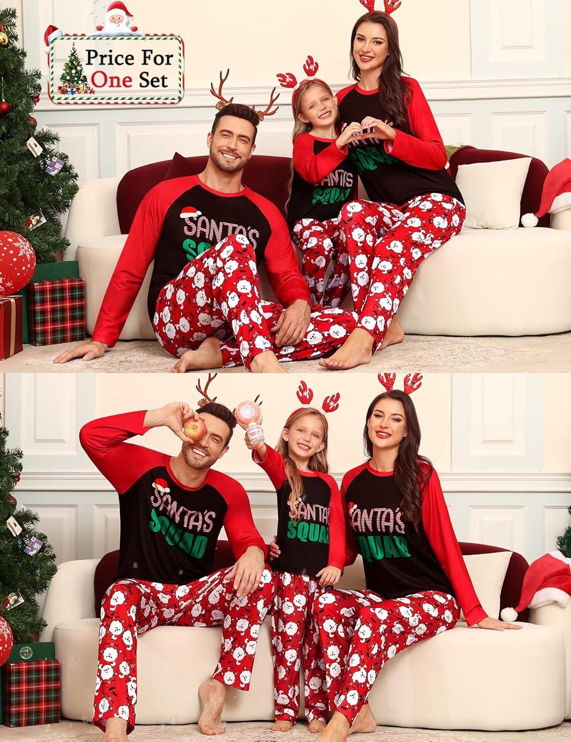 imageSWOMOG Family Matching Christmas Pajamas Sets MenWomen Plaid Pants Loungewear and Printed Long Sleeve PjsAsanta Squad