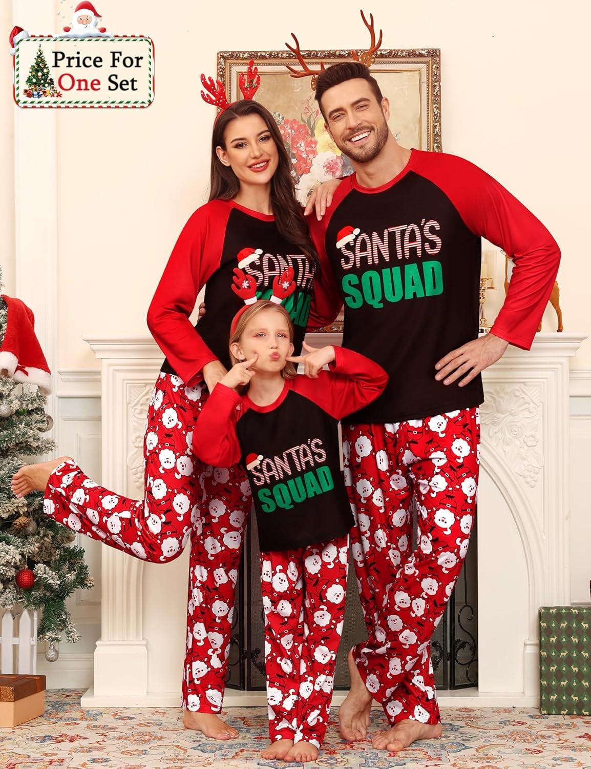 imageSWOMOG Family Matching Christmas Pajamas Sets MenWomen Plaid Pants Loungewear and Printed Long Sleeve PjsAsanta Squad