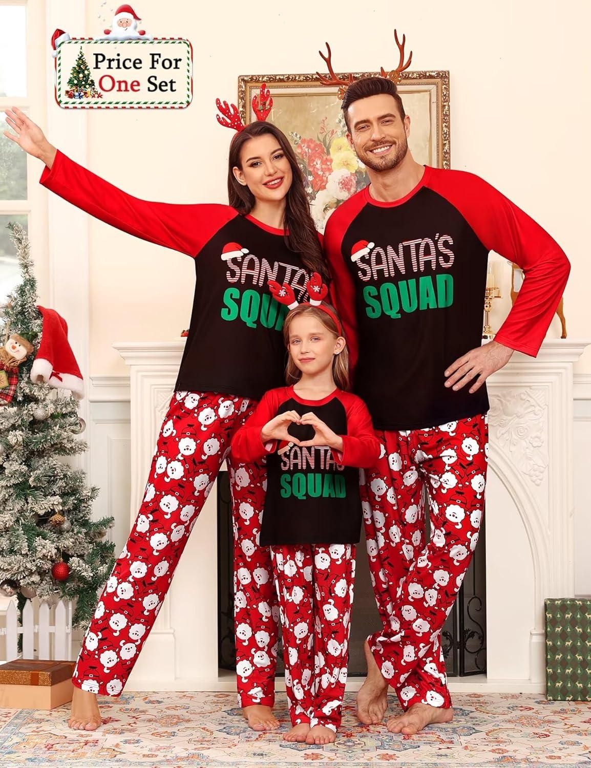 imageSWOMOG Family Matching Christmas Pajamas Sets MenWomen Plaid Pants Loungewear and Printed Long Sleeve PjsAsanta Squad