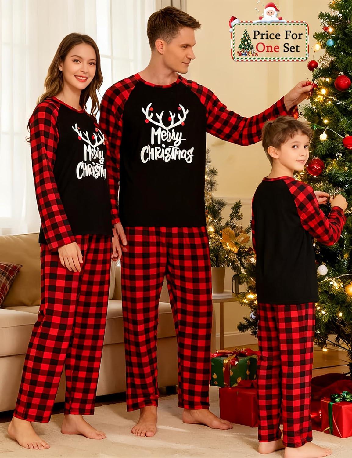 imageSWOMOG Family Matching Christmas Pajamas Sets MenWomen Plaid Pants Loungewear and Printed Long Sleeve PjsLetter Deer