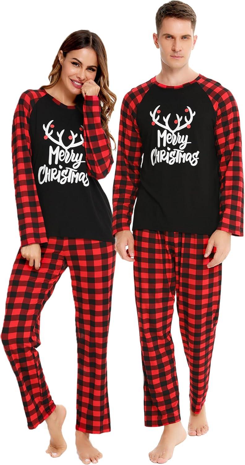 imageSWOMOG Family Matching Christmas Pajamas Sets MenWomen Plaid Pants Loungewear and Printed Long Sleeve PjsLetter Deer