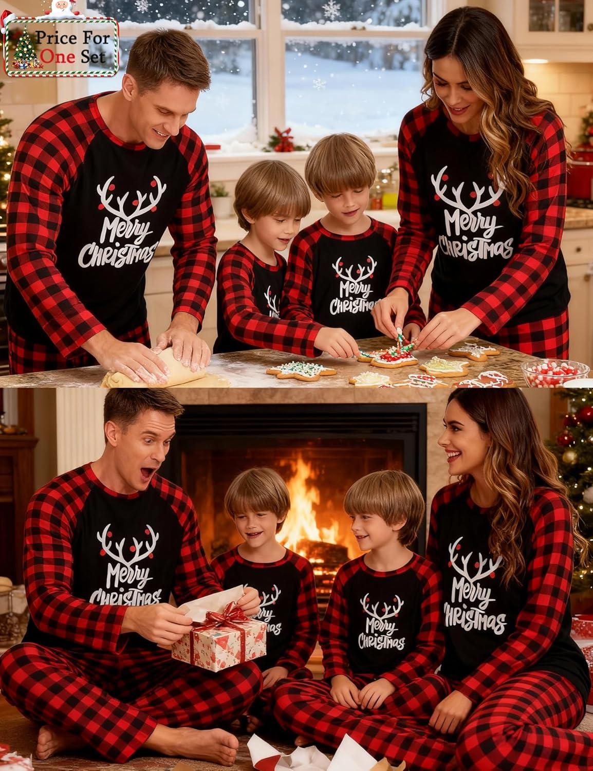 imageSWOMOG Family Matching Christmas Pajamas Sets MenWomen Plaid Pants Loungewear and Printed Long Sleeve PjsLetter Deer