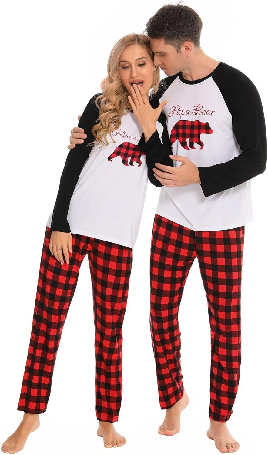 imageSWOMOG Family Matching Christmas Pajamas Sets MenWomen Plaid Pants Loungewear and Printed Long Sleeve PjsZchristmas Bear