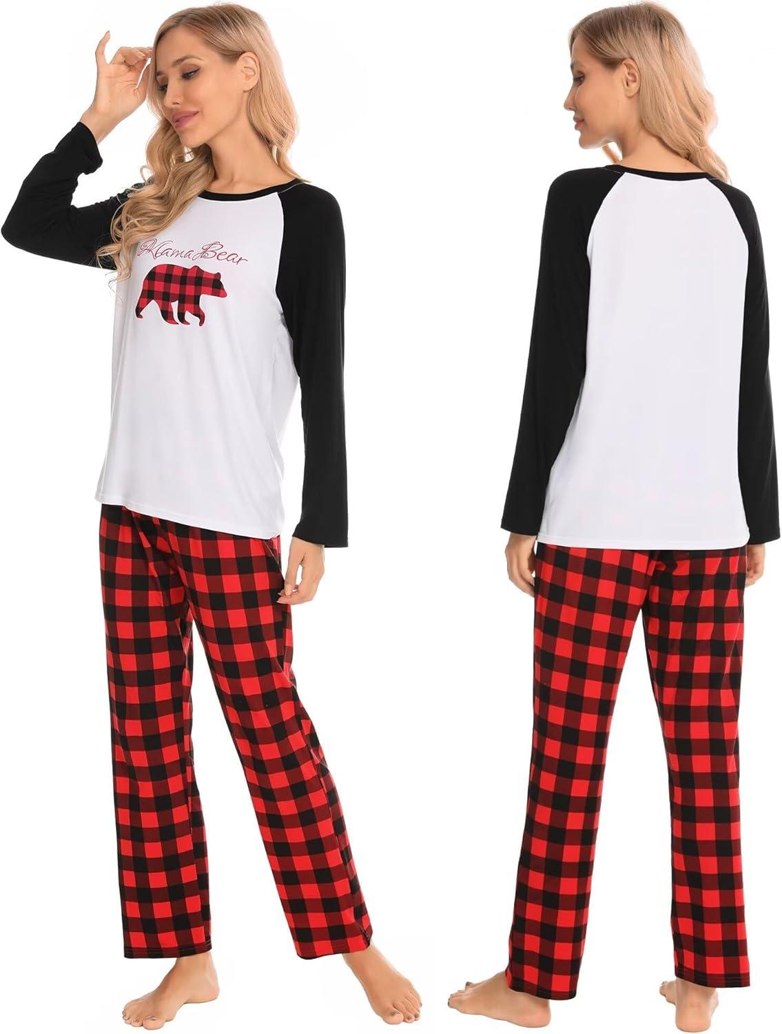 imageSWOMOG Family Matching Christmas Pajamas Sets MenWomen Plaid Pants Loungewear and Printed Long Sleeve PjsZchristmas Bear